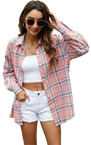 Bozanly Flanell Buffalo Plaid Shirts für Frauen Oversized Button Down Shacket Bluse Tops, Pink, Mittel