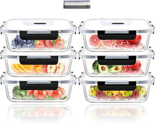 ERUIV Recipientes de Cristal para Alimentos - Juego de 6 - Tapers Herméticos 1040 ml - Con Tapa - Sin BPA - Aptos para Lavavajillas, Congelador y Microondas