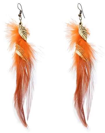 CECE&COLE Feder-Ohrringe Für Damen,Böhmische Retro-Blattfeder-Quasten-Lange Ohrringe,Ethnischer Stil,Vintage-Ohrringe,Schmuck,Orange,Lang: 14,5 cm