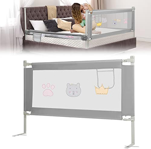 Izrielar Bettgitter Höhenverstellbar70-98cm, 200 * 70cm Rausfallschutz Bett, Grau Kinderbettgitter, Mit Muster, Bettschutzgitter für Kinder