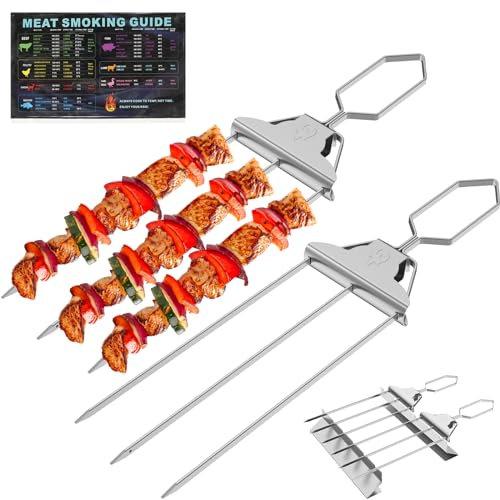Juego de 2 brochetas de acero inoxidable de 3 vías para parrilla de 3 puntas con soporte, reutilizables, palitos de metal para barbacoa al aire libre, fiesta familiar, pollo a la parrilla