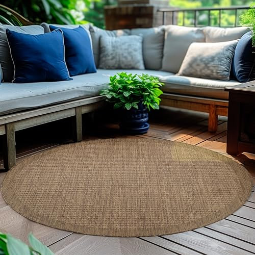 HomebyHome Alfombra Exterior Interior 200 cm Redonda Marrón Resistente a la Intemperie, Impermeable - Alfombra de Cocina de Tejido Plano, Unicolor - Alfombras Exterior para Terraza, Balcón y Jardín