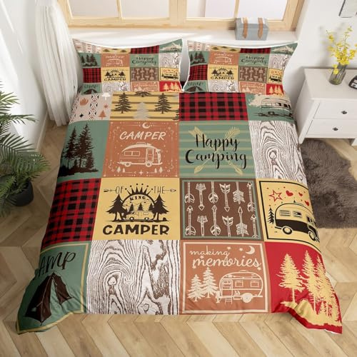 Homewish Retro Camper Bettbezug Happy Camping 135x200 | Bettwäscheset Kinder Erwachsene Rv Camping Zubehör Bettbezug Reiseanhänger Wohnmobile Vintage Rustic Buffalo Plaid Bettset
