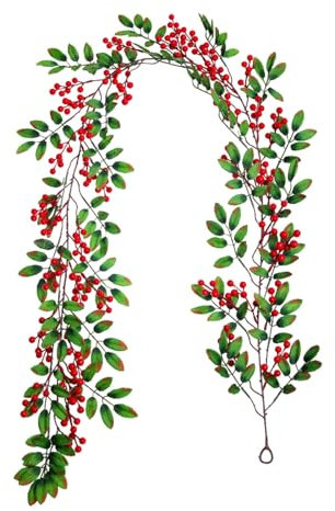 Rote Beerengirlande mit grünen Blättern, Weihnachts-Beerengirlande mit Draht, rustikaler Beerenzweig, künstliche Girlande für die Feiertage, Wintersaison, Kaminsims, Kamin, Holzringe (A, One Size)