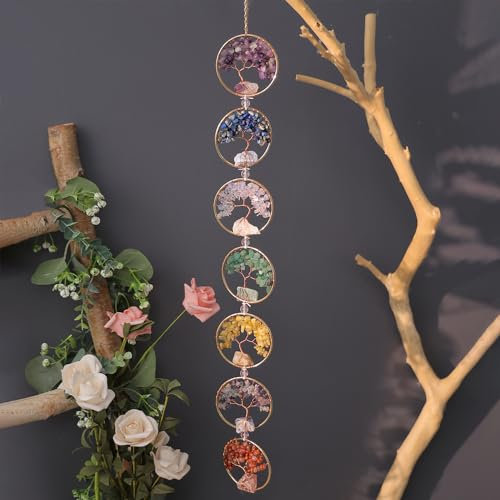 Natürliche Rohkristall-Edelsteine, Heilung, 7 Chakra-Kristallsteine, Wandbehang, Lebensbaum, Ornament für Heimdekoration, Wandbehang