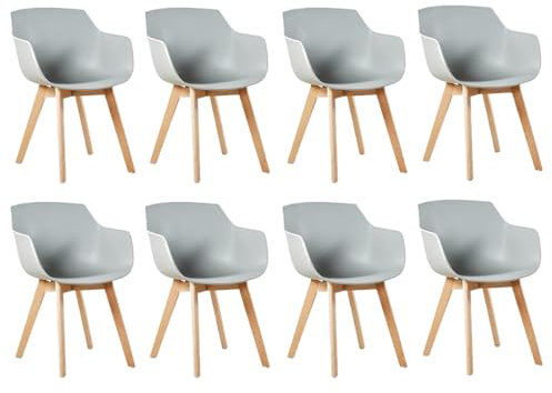 EGGREE Esszimmerstühle 8er-Set mit Beinen aus massivem Buchenholz, Retro-Design, Küchenstühle aus Holz, Wohnzimmerstuhl mit Armlehnen - Grau