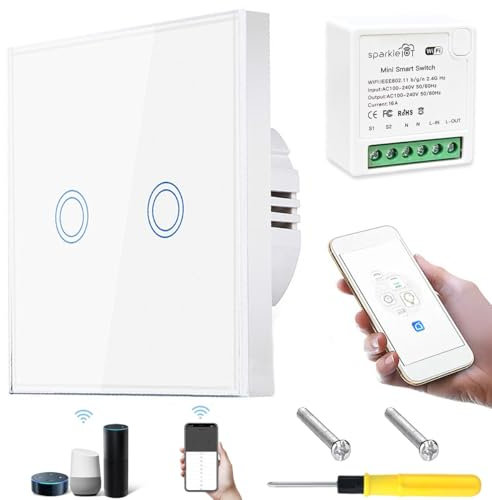 Acmerota 2 Gang 1 Way Touch Light Switch with WiFi Smart DIY Breaker Module Kits, 5-300W 240V AC Tempered Glass Panel Light Switches with LED Indicator, Changing From Normal Switch to Smart Switch