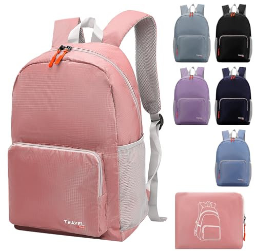 Sac à dos pliable léger de 20 à 35 L, sac à dos d'étudiant, petit sac à dos résistant à l'eau, durable et empilable pour les femmes, les hommes, le camping extérieur, les voyages, la marche (Rose)