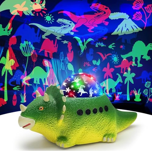 Longzhuo Veilleuse Dinosaure Enfant - Projecteur de Nuit 360° avec 12 Musiques & 6 Couleurs, pour Chambre Bébé et Enfant 2-10 Ans (Classe Énergétique A)