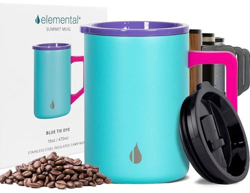 Elemental Summit Coffee Mug - Coffee Cup Travel Mug - Thermal Cup with Handle & Lid - Lightweight Vacuum Insulated Coffee Cup - Hot & Cold Stainless Steel Travel Mugs - Blue Tie Dye - 470ml