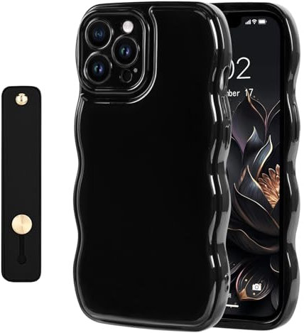 NITITOP Compatible with iPhone 15 Pro Max Case Cute Simple Wave Design Stylish Wavy Curly Frame with Wrist Adjustable Hand Strap Kickstand Grip Holder Soft Silicone Protective Cover-Black