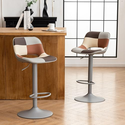 YOUNIKE Barhocker 2er Set, Boho-Barhocker im farbenfrohen Patchwork-Stil, Barstühle Höhenverstellbar Drehstuhl, Küchenstühle Tresenstuhl mit Hohler Rückenlehne für Bartheke Küche, Grau Beige