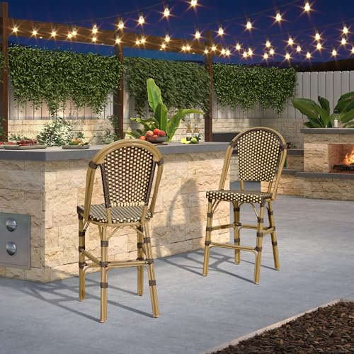 PURPLE LEAF Barhocker 2er Set, Aluminium Gartenstühle mit Rückenlehne, Handgeflochtene Barstuhl mit Bambus Print Finish, für Garten, Küchen, Braun