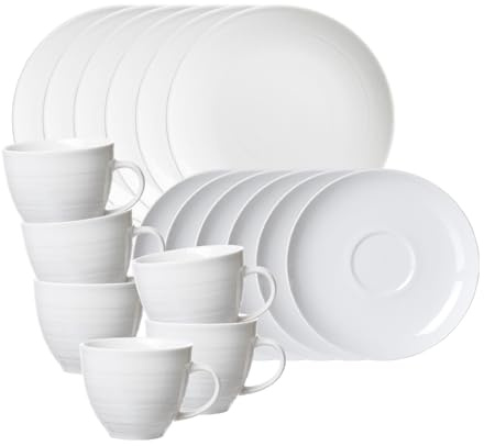 Ritzenhoff & Breker Suomi Kaffeeservice 18-teilig, Kaffeetassen mit Untertassen (260 ml) und Dessertteller (20 cm), Feine & ausgeprägte Reliefierungen, Skandinavisches Design, Porzellan, Cremeweiß