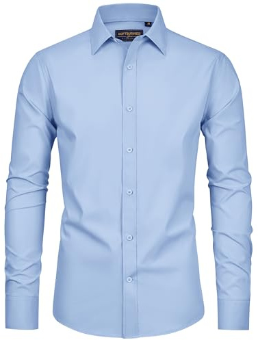 siliteelon Mens Shirts Long Sleeve Dress Formal Light Blue Shirts Stretch Wrinkle Free Work Business Casual Wedding Party Shirts M