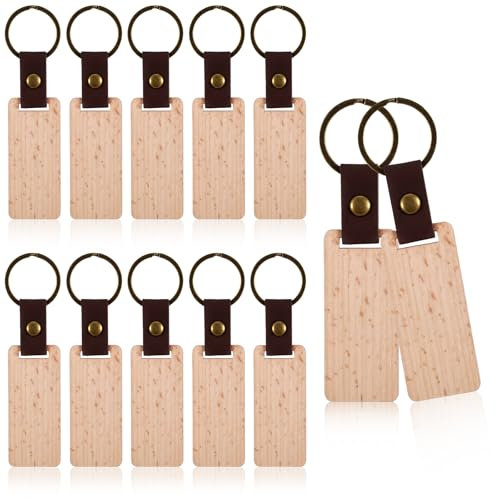 JIEYAO 12 Stück Schlüsselanhänger Holz,Blanko Schlüsselanhänger Personalisierter Leder Schlüsselanhänger Für Lasergravur Schlüsselanhänger Rohling zum DIY Bemalen Beschriften
