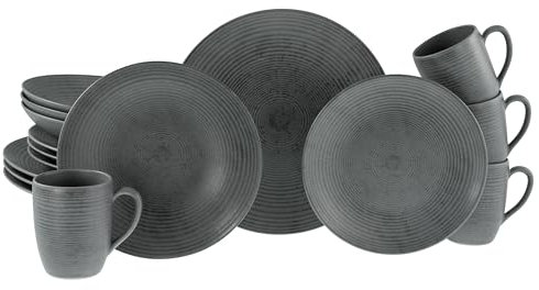 CreaTable, 20599, Serie Catania Anthrazit, 16-teiliges Geschirrset für 4 Personen, Kombiservice aus Steinzeug, spülmaschinen- und mikrowellengeeignet, Made in Portugal