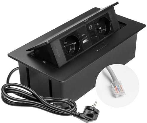 GTV Prise encastrable Multisoft noire avec 2 prises de courant avec terre, USB A+C, RJ45, escamotable avec couvercle, câble de 1,5 m, pour cuisine, bureau, table de conférence et de travail