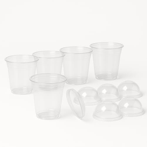 CHUCHES Pack 50 Uds PET Vasos Desechables Transparentes 12 Oz Con Tapas Tipo Domo Sin Agujero Alta Resistencia Para Postres Frutas Snacks Golosinas Para Llevar Ideal Para Fiestas Eventos Cumpleaños