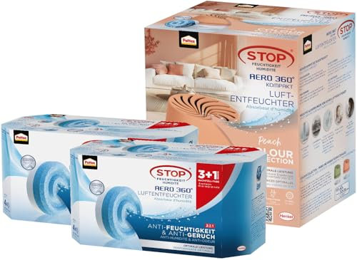 Pattex AERO 360° Kompakt Luftentfeuchter Peach Colour Collection, 1 Gerät inkl. 1 Nachfülltab, Raumentfeuchter & Nachfüll Tabs Neutral, geruchsneutralisierend, 2x Nachfüllpack (3+1 x 450g)