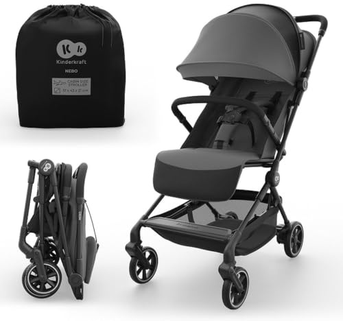 Kinderkraft NEBO Kabinenbuggy ultraleicht, Einhand-Faltmechanismus, Handgepäckmaß 51×43×21 cm, steht selbstständig, Schultergurt+Transporttasche, flache Liegeposition, 5-Punkt-Gurt, Grau