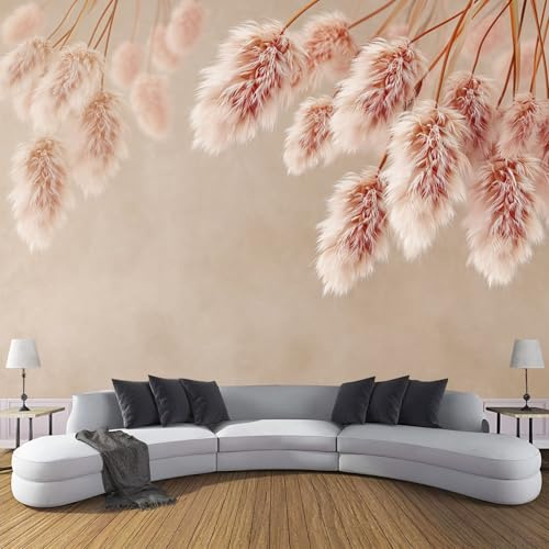 Böhmisches Motiv Fototapete, 3D Effekt Beige Rosa Pflanzen Pampasgras Muster Wandtapete Schlafzimmer, ‎150x105cm (B×H) Seidenstoff Wanddeko Tapete, Wohnzimmer Kinderzimmer Dekoration