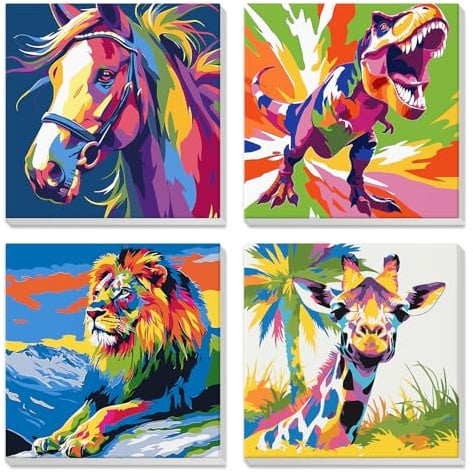 4 Pièces Peinture par Numéros Adulte Cheval, dinosaure, lion et girafe, Peinture par Numero enfant avec Cadre, Animaux, Kits de Peinture au Numéro Enfant 7 8 9 10 Ans, Décoration Chambre 20x20 cm