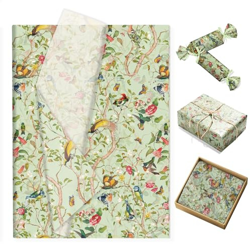 100 Blatt Seidenpapier Grün Geschenkpapier Seidenpapier Blumen Vintage Blumen- und Vogeldesign für Geburtstag Blumenstrauß Papier Babyparty Hochzeit Taufe Kommunion Geschenkverpackung,50x35cm