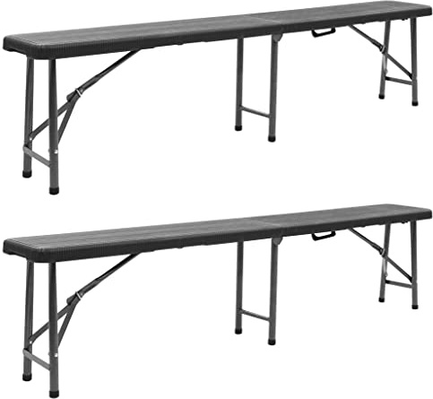 Drillkyn Klappbare Gartenbänke 2 STK 180 cm Schwarz mit Tragegriff HDPE wetterfest Rattan-Design Stahlrahmen für Terrasse Balkon und Gartenmöbel Sitzplatz ohne Lehne