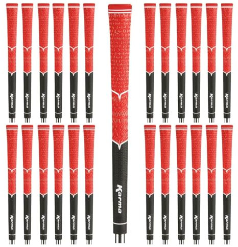 Karma V-Cord Golf Grips, 25 Piece Set, Black/Red Standard Sized Hybrid Half Cord Replacement Golf Club Grips for Men