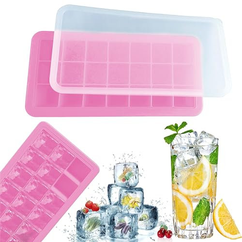 Pink Silicone Ice Cube Tray 21 Cavity with Lid BPA Free Flexible Mould for Freezer Baby Food Storage Juice Easy Release Reusable Stackable Non-Spill Dishwasher Safe - 27cm