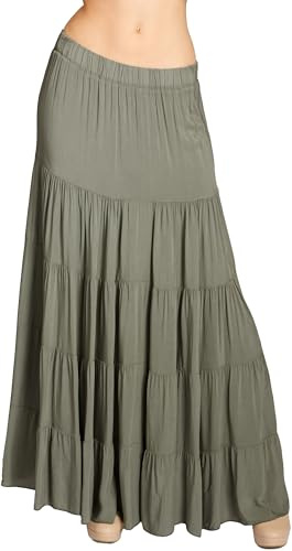 Caspar RO020 Langer eleganter Damen Maxi Sommer Rock Faltenrock, Farbe:Oliv grün, Mode Größe:S/M