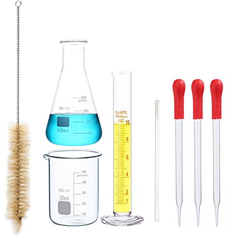 Mess-Set aus Glas, 50 ml Becherglas, 50 ml Kolben, 10 ml Zylinder, 3 x 10 cm Dropper, 1 x 10 cm Rührstab, 1 Zylinderbürste, klein, inklusive Geschenk, 8 Teile