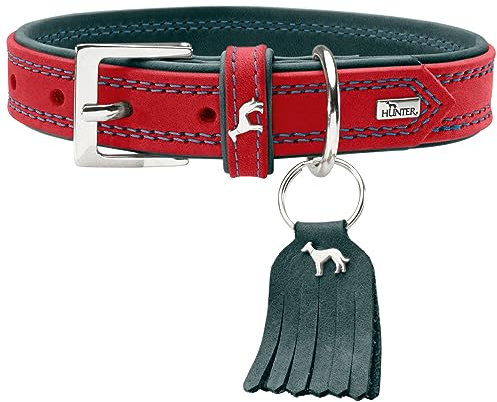 HUNTER LUCCA Hundehalsband, Leder, weich, robust, modern, 55 (M), rot/türkis