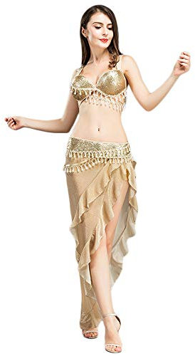 ROYAL SMEELA Bauchtanz Kostüm Damen Set BH Gürtel Röcke Anzug Bauch Tanzen Kleidung für Frauen Bauchtanz-BH-Gürtel-Rock Set Sexy Bauchtänzerin Kostum Elegant Gold Bauchtanz Kleid Bauchtanz-Set