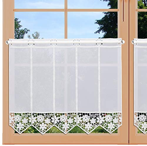 artex deko Feenhaus-Spitzengardine Kira weiß mit Blumenstickerei als Mini-Scheibenhänger oder Klassische Bistrogardine 2 Höhen