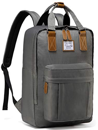 VASCHY Backpack for Women, Men Vintage School Backpack Travel Work Rucksack Water Resistant Daypack with Button Top Handle (Dark Grey)