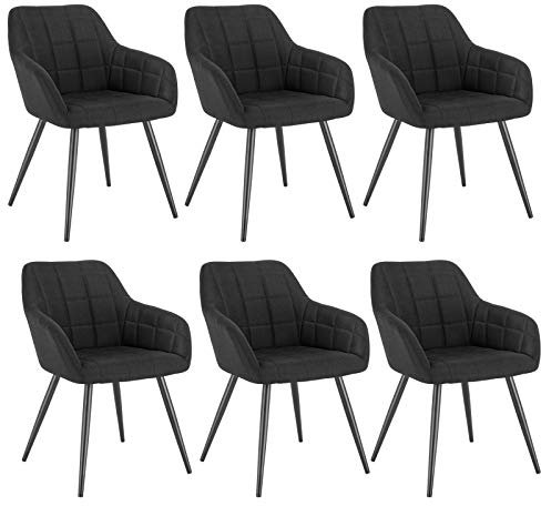 WOLTU Esszimmerstühle 6er Set Esszimmerstuhl Küchenstuhl Polsterstuhl Design Stuhl mit Armlehnen, mit Sitzfläche aus Leinen, Gestell aus Metall, modern, Schwarz, BH107sz-6