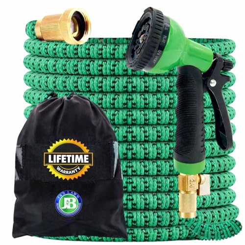 J&B XpandaHose 22,9 m erweiterbarer Wasser-Gartenschlauch mit Halterung – strapazierfähiger, dreilagiger Latexkern und gratis 10 Sprühdüsen mit Aufbewahrungstasche (Schwarz, 75) (75, Schwarz und Grün)