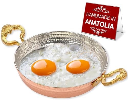Hakan Copper Round Chef Pan - Traditional Ottoman Style Handmade Frying Pan | Authentic Design Cookware | Hand-Crafted Hammered Sahan | Turkish Egg Omelet Skillet, 6.3