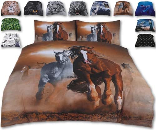 Wild West HORSES Bed Set – 3D Animal Printed KING Beddings Duvet Cover + 2 Matching Pillowcases - Premium Quality Print Design – Natural Cotton + Virgin Polyester (Horses, King Size)