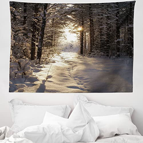 ABAKUHAUS Winter Wandteppich, Weihnachten Schnee Wald aus Weiches Mikrofaser Stoff Waschbar ohne Verblassen Digitaldruck, 150 x 110 cm, Hellgelb Braun
