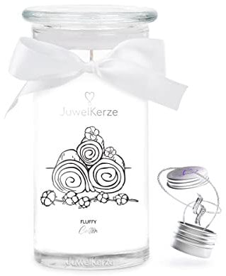 JuwelKerze Fluffy Cotton Halskette Silber - Schmuckkerze 80 Std - große Duftkerze mit Baumwolle & Leinen Duft - weiße Kerze mit Schmuck Überraschung - Geschenke für Frauen, Geburtstag