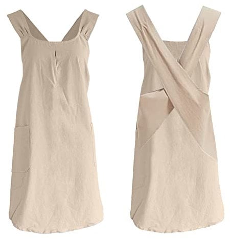DanLink Einfarbige Schürze aus Baumwolle und Leinen, mit großen Taschen, japanischer Stil, Halterung mit gekreuzten Schürzen, Retro, Latzschürze, Damen, für Küche, Gartenarbeit, Floristik, Khaki