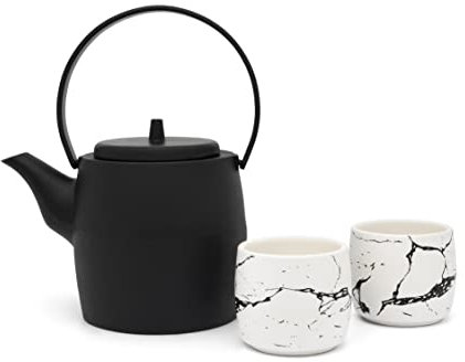 Bredemeijer gusseiserne Asia Teekanne 1.2 Liter - Tee Set mit 2 Porzellan Teebecher - 3-teiliges Geschenk-Set