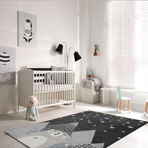 VIMODA Kinderteppich Babyteppich Kinderteppich für Mädchen und Jungs mit lächelndem Bären Motiv | Teppich für Kinderzimmer | Farbe: Grau Anthracite & Creme, Maße:160x230 cm