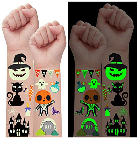 Leesgel Halloween Decorazioni, 130 Stili Luminoso Tatuaggi Bambini Scheletro/Vampiro/Fantasma, Caramelle Trucchi Gadget Festa Compleanno Regalo Accessori Party