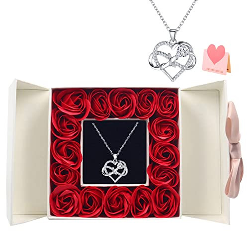 Rose éternelle avec collier en argent sterling 925 pour femme - Pendentif amour infini - Chaîne en argent dans une boîte à roses - Cadeau pour maman et femme pour la fête des mères, la Saint-Valentin,