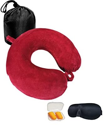 NavoX Reisekissen, Memory-Schaum, Nackenkissen für Reisen, mit Schlafmaske, Ohrstöpsel, Tasche, Nackenstützkissen, Schnellpackung, leicht, für Camping, Auto, Büro, Rot