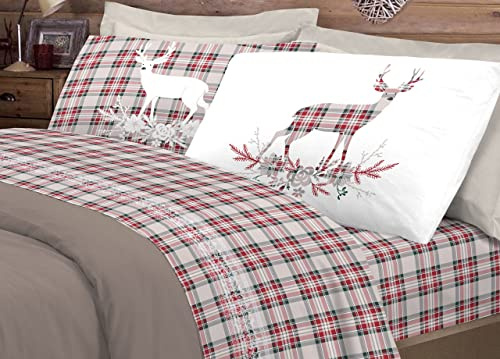 BIANCHERIAWEB Bettwäsche Flanell Pensieri Delicate 100% Baumwolle Design Hirsch Tartan Doppelbett Rot